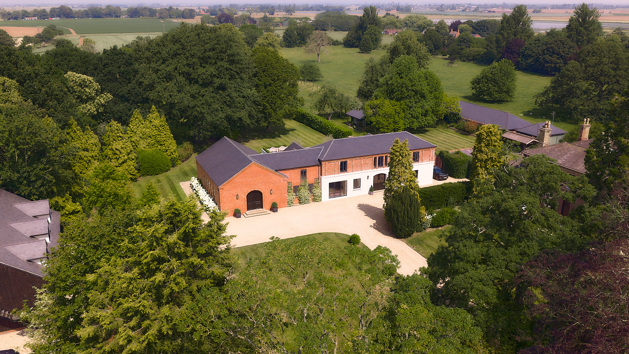 Aerial drone view of The Grange Leverton wedding venue and accommodation, Lincolnshire